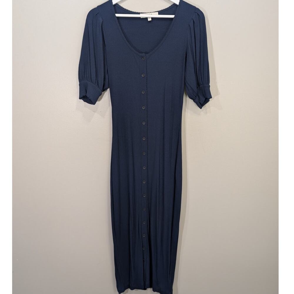 Joie Valletta Sheath Dress Navy Buttons Puff Sleeve Midi Easy Classic - Size S